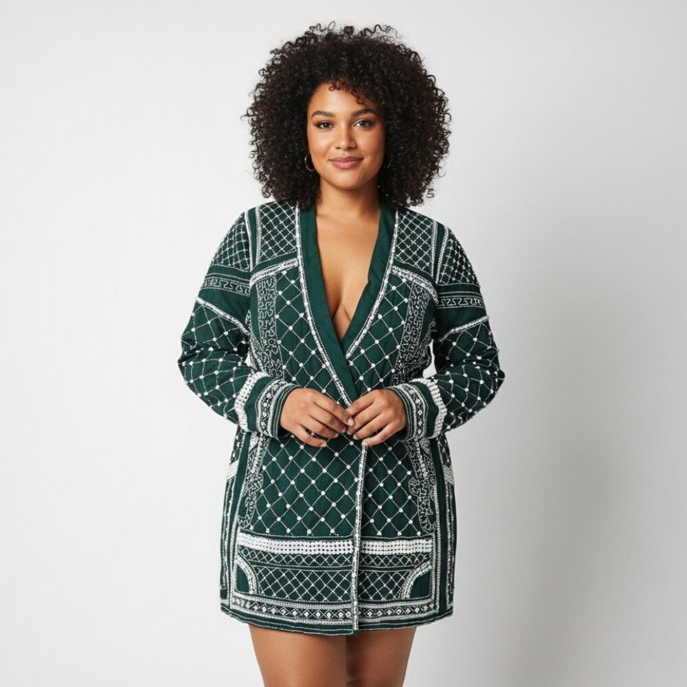 Emerald Green Beaded Oversized Blazer - Size 12 US